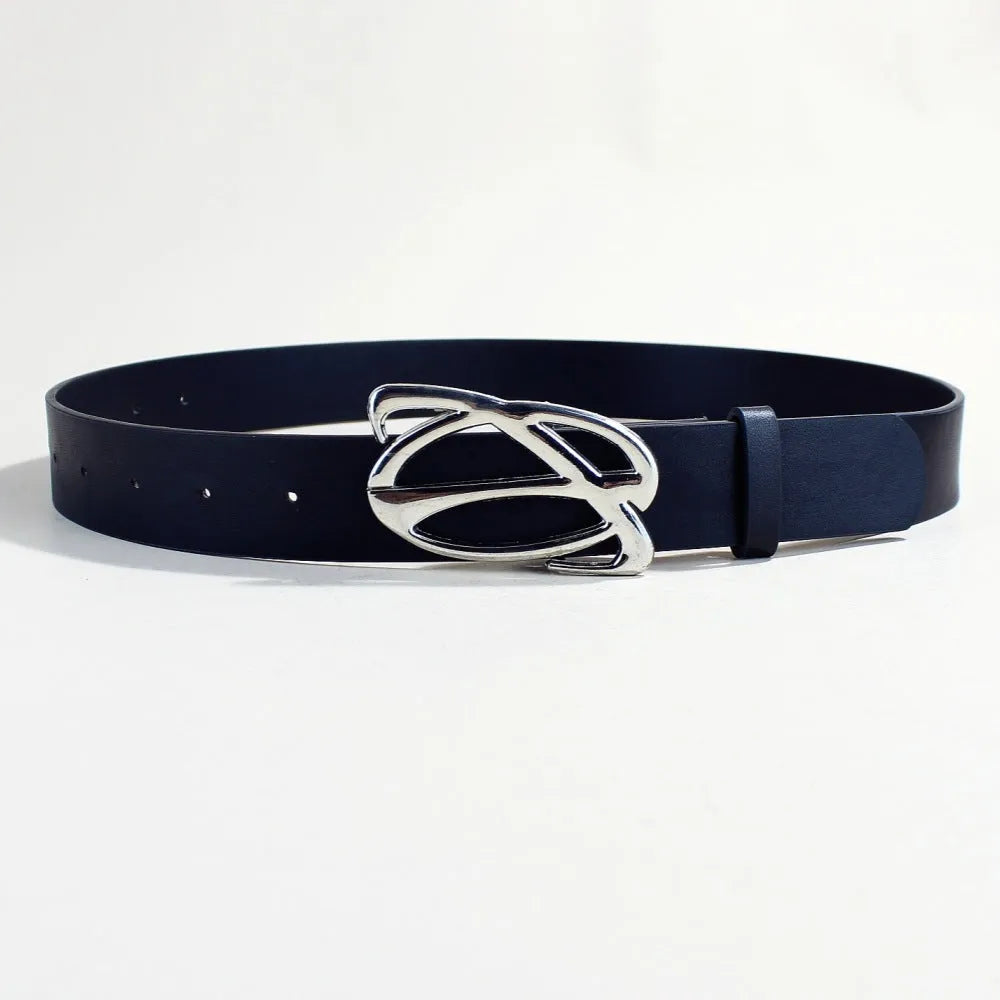 Silver buckle on a brown PU leather casual belt with snap button closure
