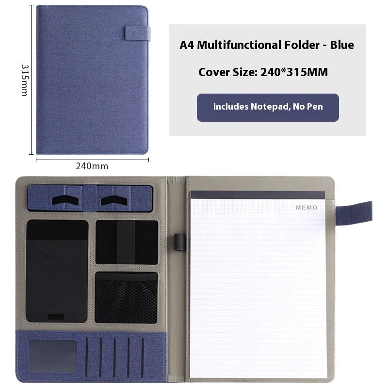 Leather A4 business folder with optional pen and notepad accessories in black colour