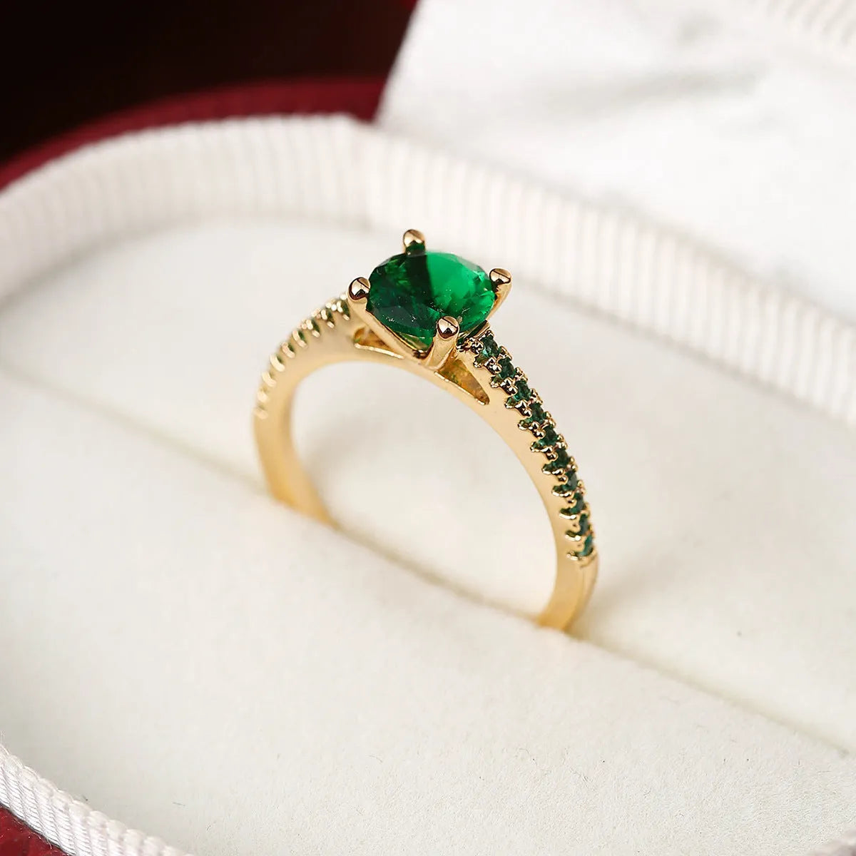 Geometric hexagon copper ring with zircon crystals in gold rose red finish