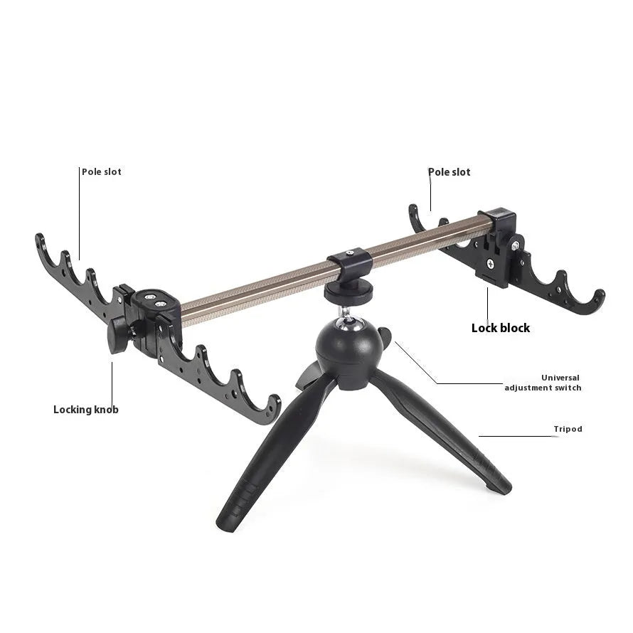 Aluminium ice fishing rod holder bracket with tripod legs supporting a small fishing rod
