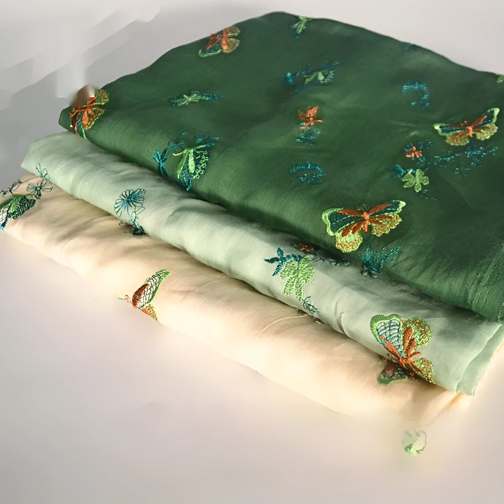 Pure ramie hanfu fabric in beige, grass green or dark green showing 140cm width measurement