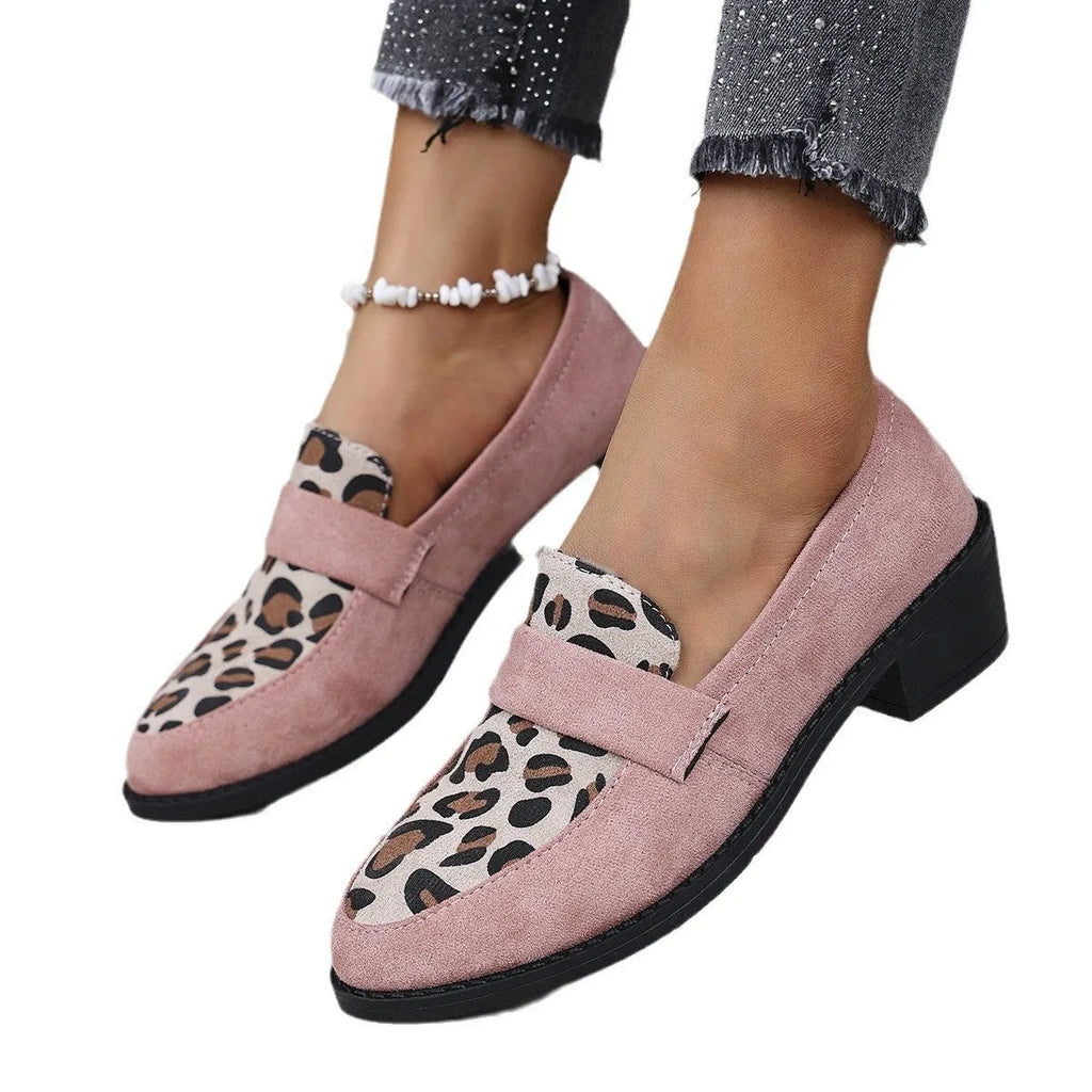 Leopard print suede slip-on shoe with a chunky mid-heel and pointed toe in pink