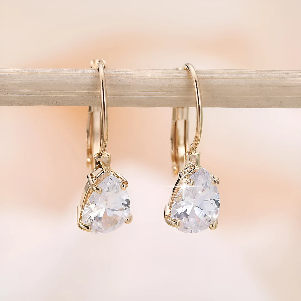 Drop-shaped women's copper earrings with platinum inlaid gems in gold colour option