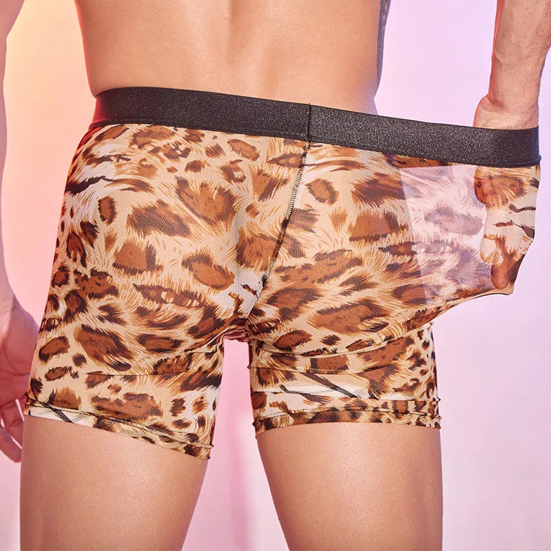 Men's leopard print boxer shorts in nylon fabric with elastic waistband