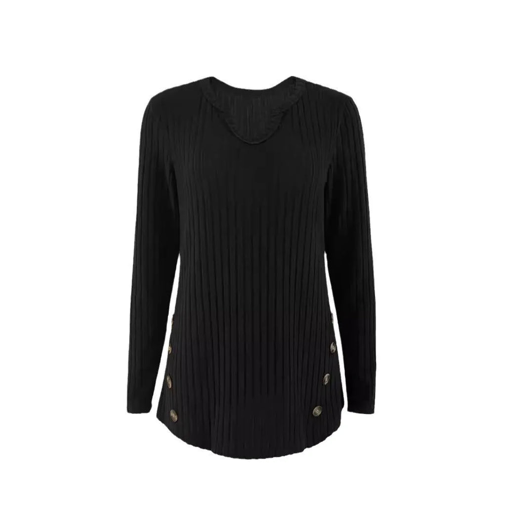 Casual solid colour button sweater in black or grey green with regular sleeves