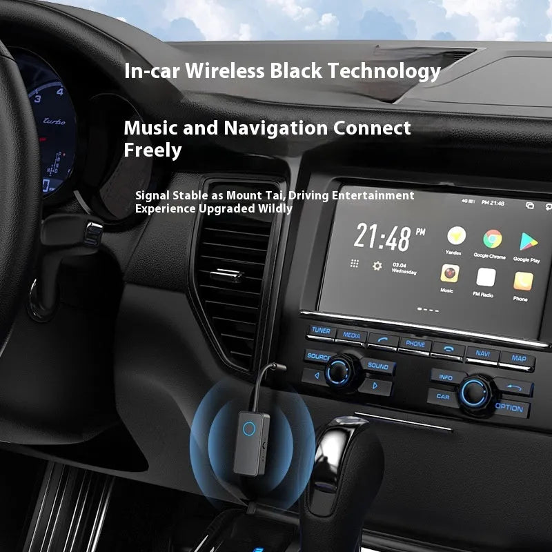 Black Bluetooth 5.4 audio adapter with 3.5mm plug showing wireless connectivity for audio devices