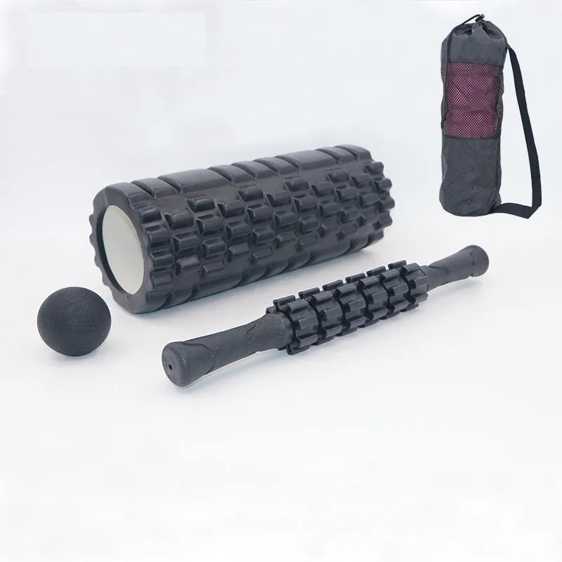Black six-piece foam massage roller measuring 33 cm long with segmented design