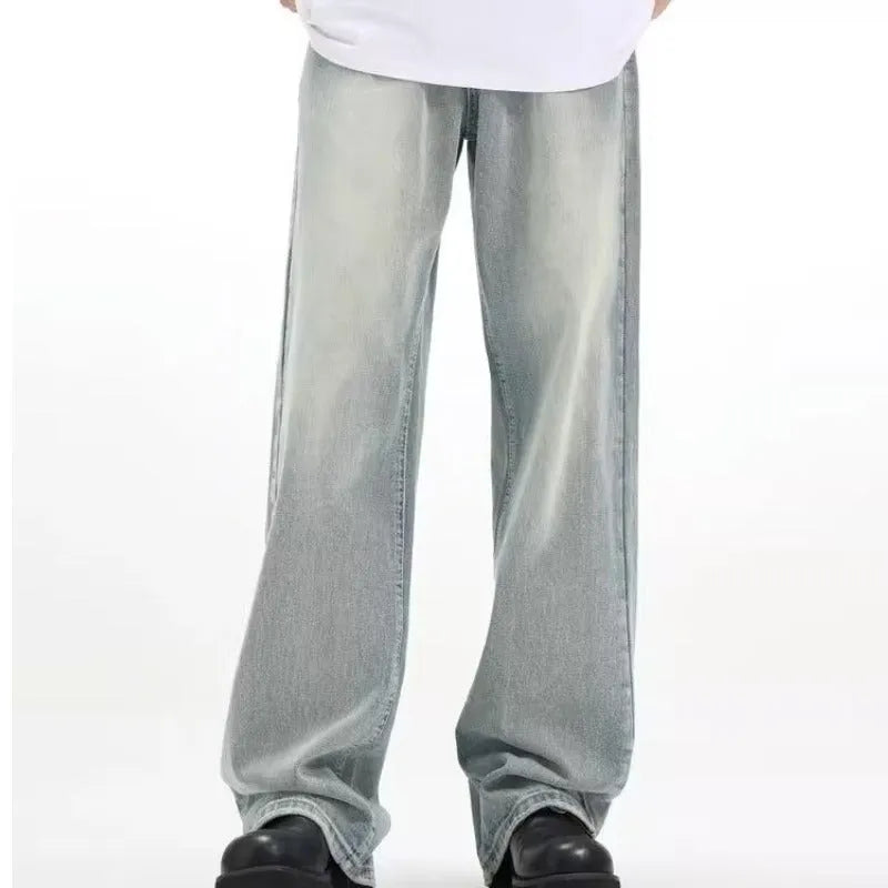 Blue loose-fit retro-style women's trousers made from rabbit fur fabric on a neutral background.