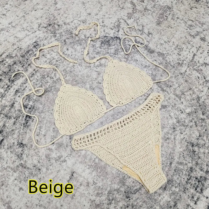 Women's 3-piece handmade crochet bikini set with skirt cover-up in solid colour acrylic fibre