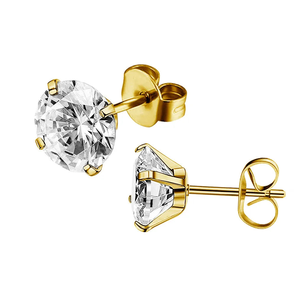 Square geometric zircon stud earrings with titanium steel post in gold and steel colour finishes.