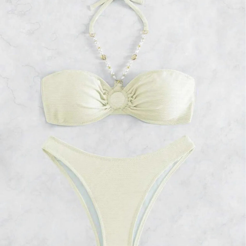 Women's solid colour halter bikini in creamy-white, green, black or pink for swimming