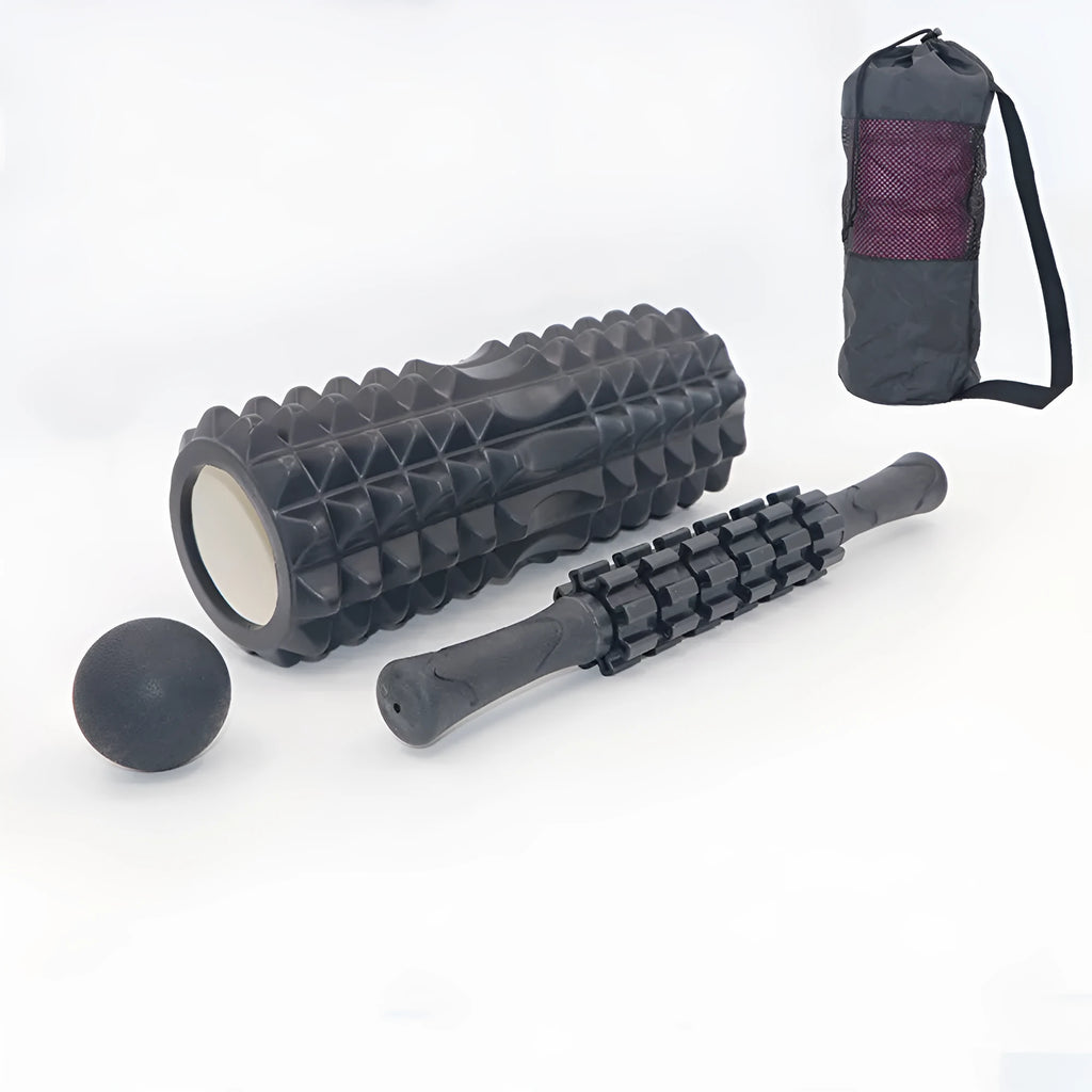 Black six-piece foam massage roller measuring 33 cm long with segmented design
