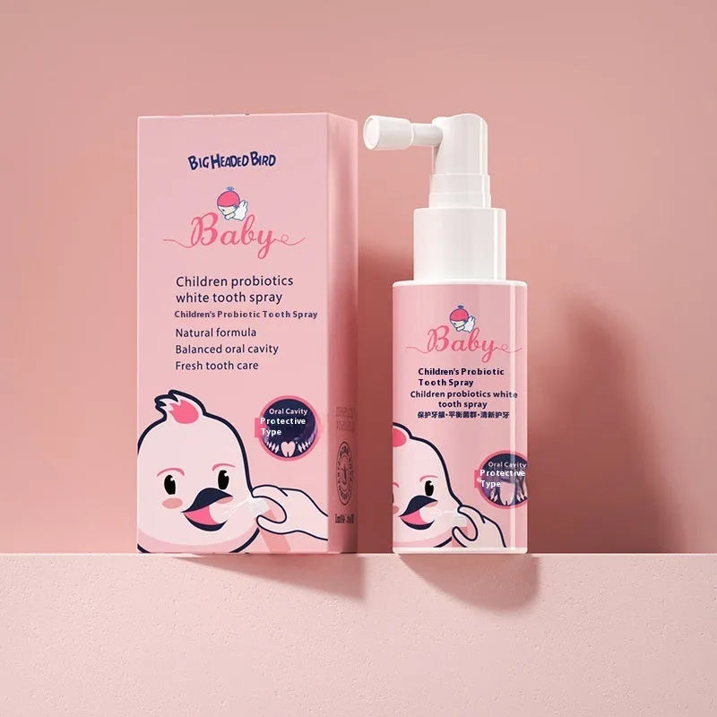 Children's probiotic white teeth cleaning spray bottle in strawberry and orange flavours