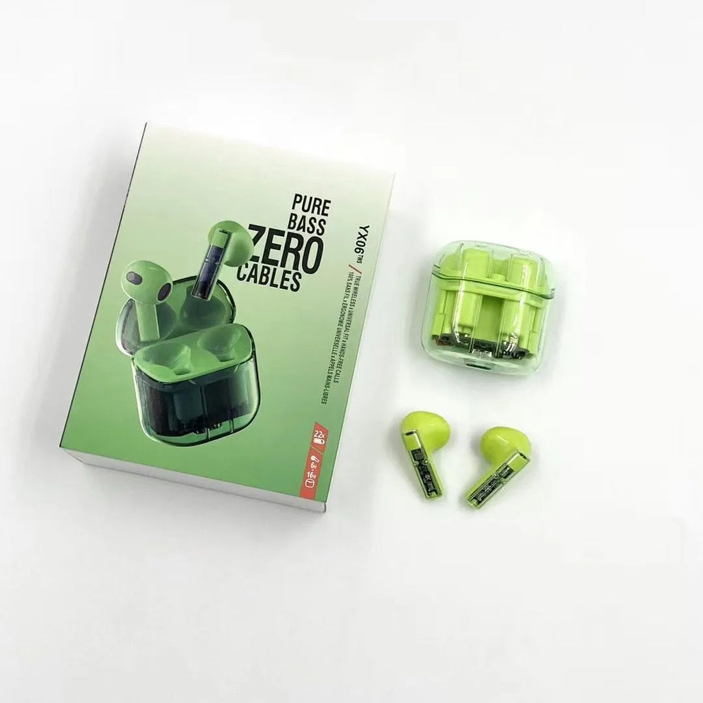 YX06 wireless TWS headphones with transparent cabin in four colours: white, black, orange, green