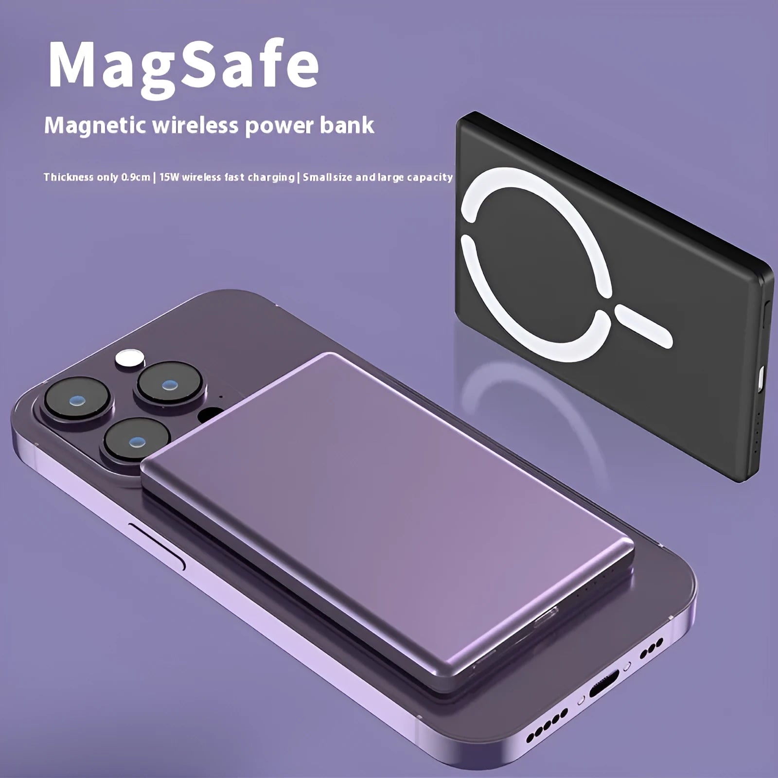Ultra-thin black magnetic power bank showing 9mm side profile and rectangular 105x66mm shape