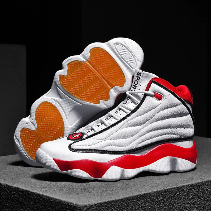 High-top basketball shoes in AJ13 white red colourway with mesh upper and rubber sole