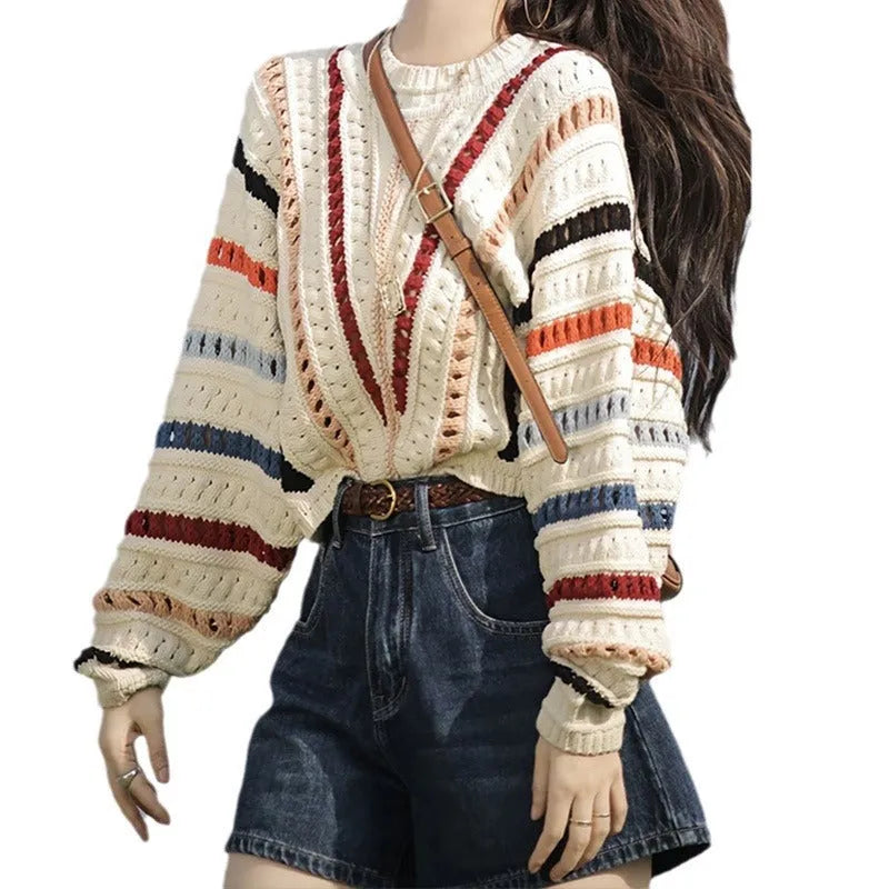 Retro rainbow striped hollow knit sweater with round neck and batwing sleeves in loose free size fit