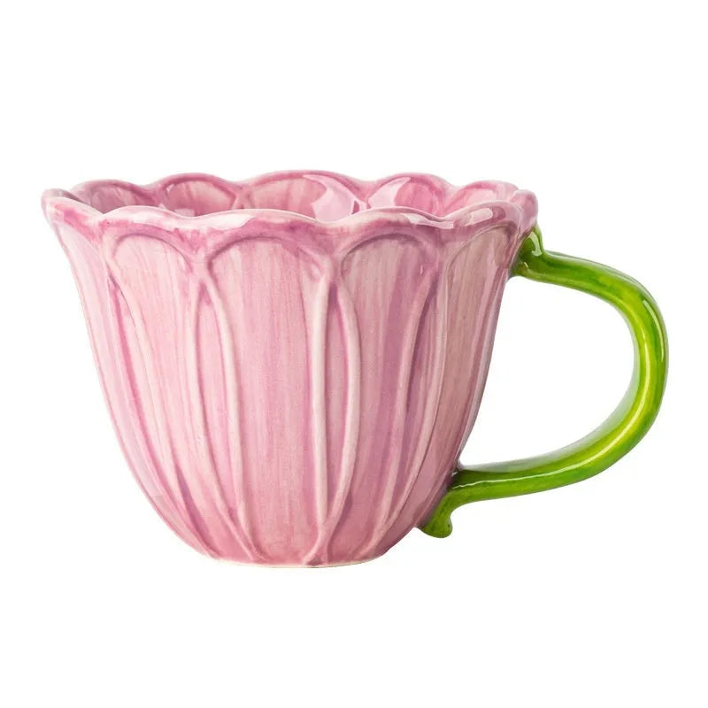 Ceramic breakfast cup with floral pastoral design showing red and purple colour options