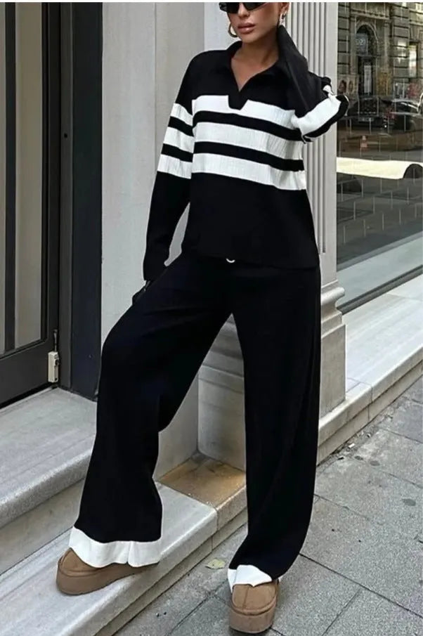 Women's black and white striped polo collar two-piece set with long sleeve shirt and trousers