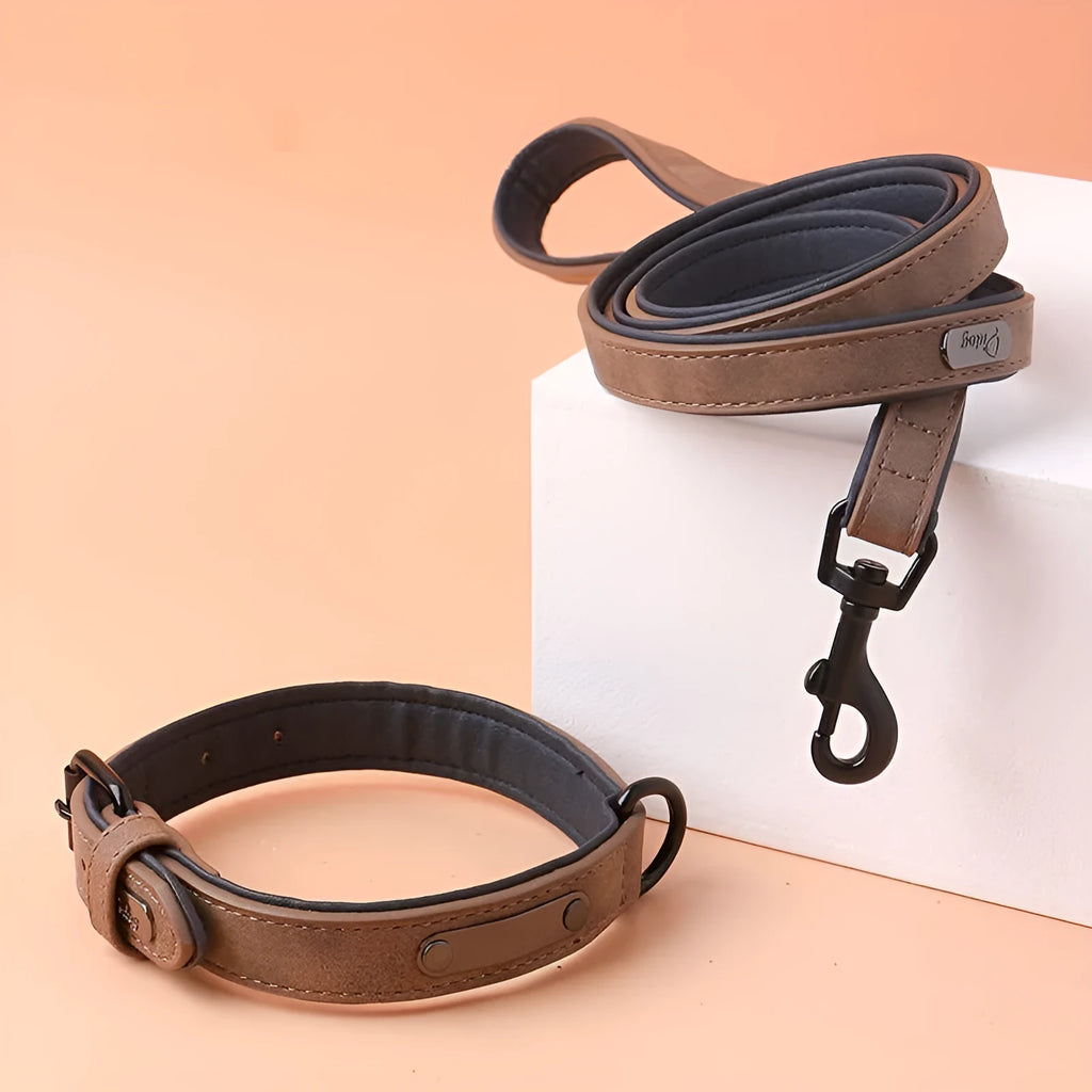 Adjustable anti-loss dog collar showing PU front and microfiber back in available colour options