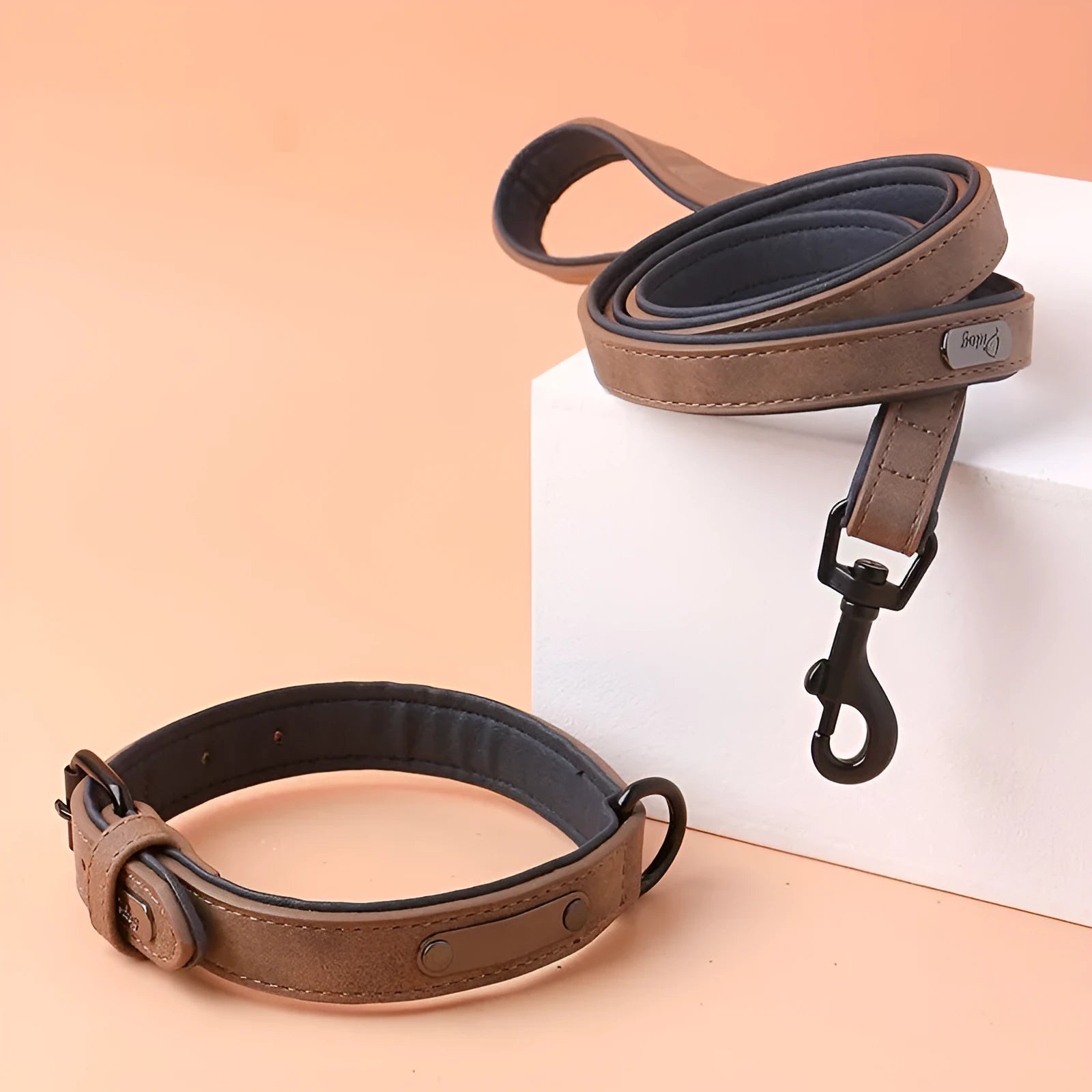 Adjustable anti-loss dog collar showing PU front and microfiber back in available colour options