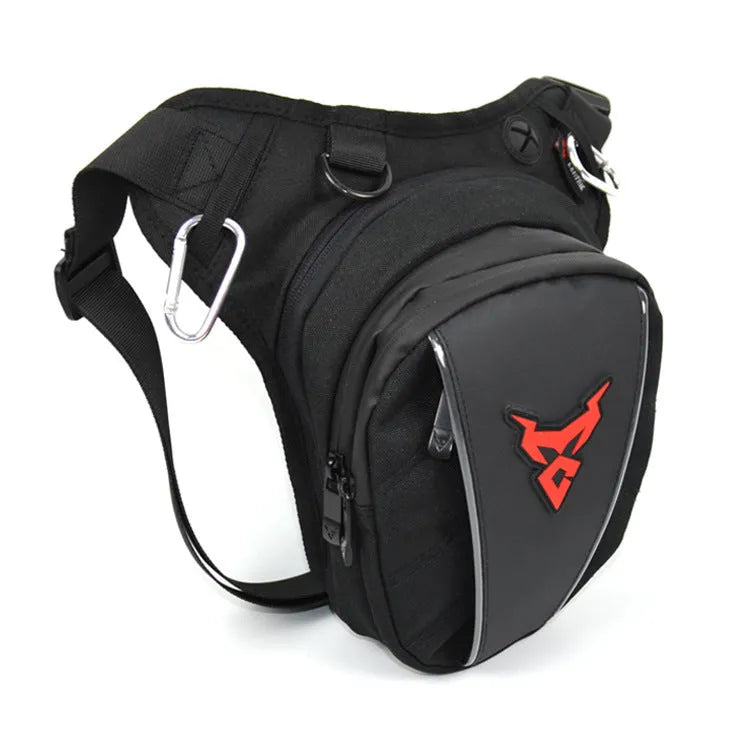 0105MC motorcycle leg bag in 1200D Oxford cloth shown in one of four colours: red, blue, green, or grey.