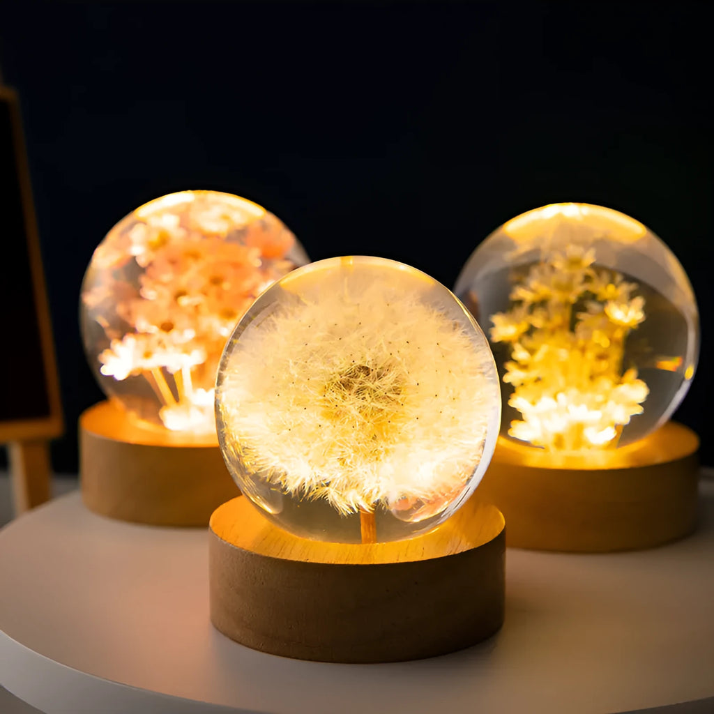 3D dandelion crystal ball night light on beech wood base with preserved flowers inside 6cm resin sphere