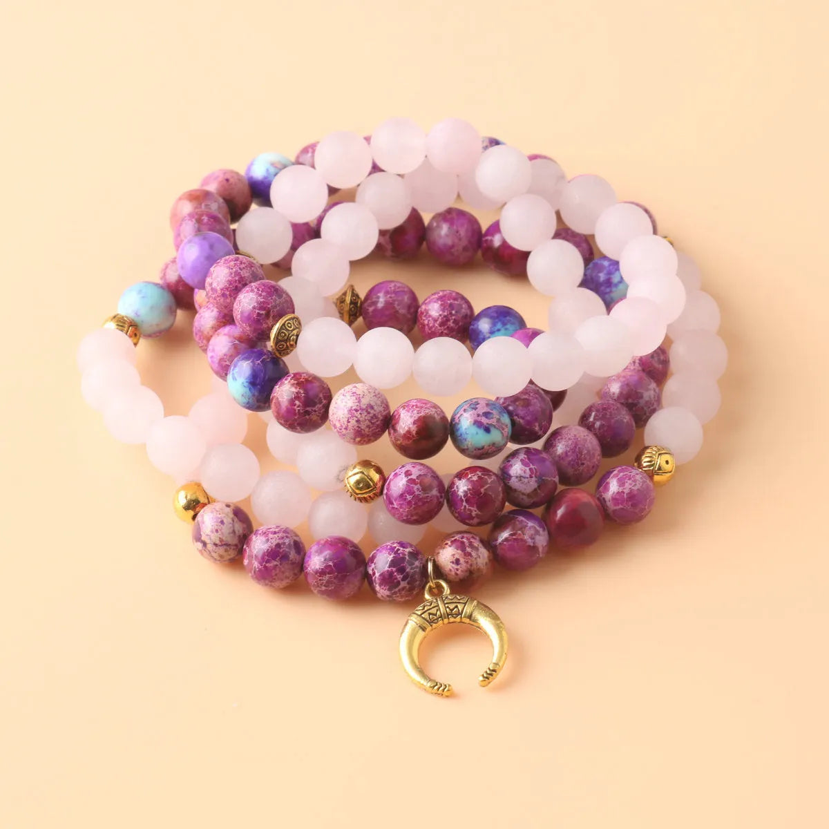 Pink crystal emperor stone beads pendant necklace with round elements on chain