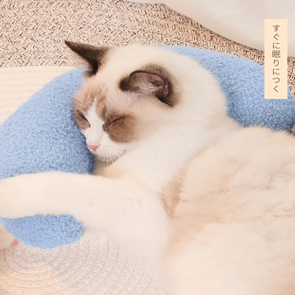 U-shaped blue cat pillow with adjustable cervical collar on white background