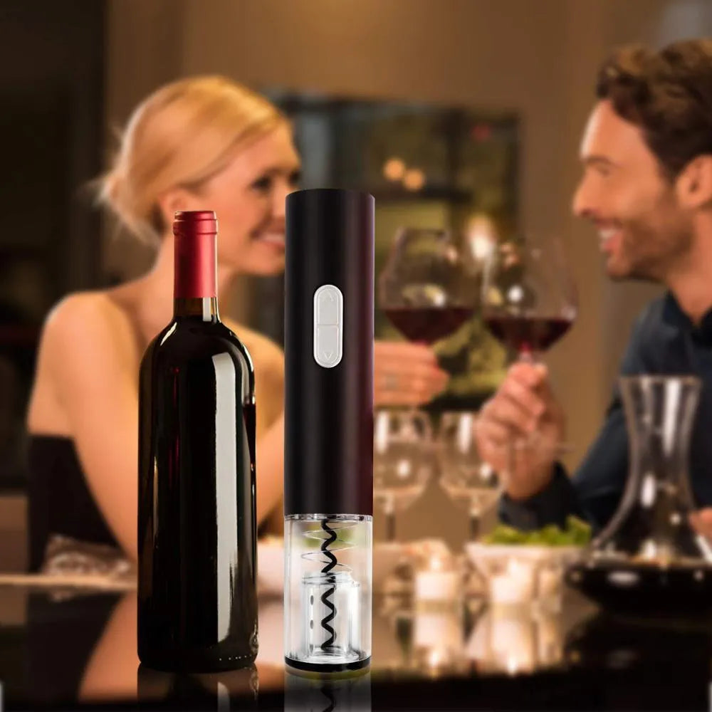 Automatic electric wine bottle opener with foil cutter in black colour showing ABS plastic construction