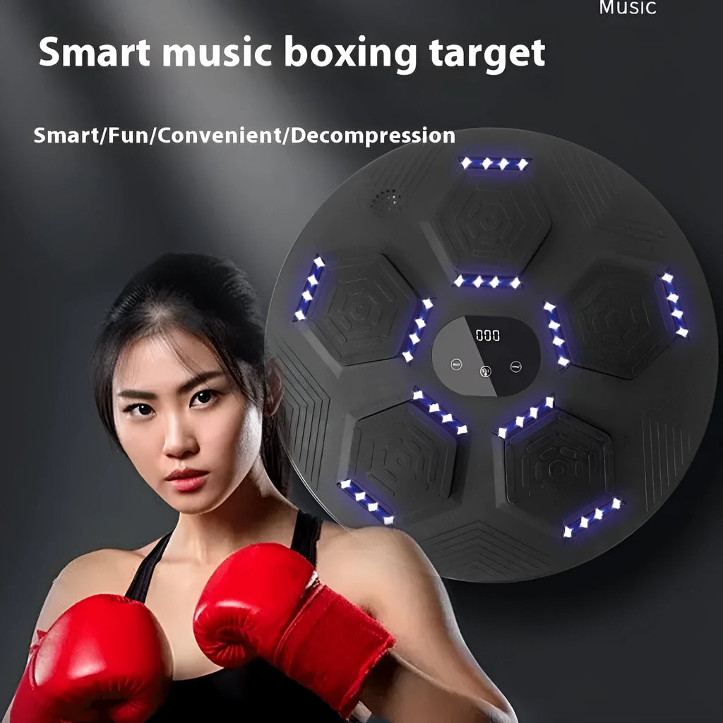 Smart music boxing reaction target hanging on wall with LED lights activated during training session