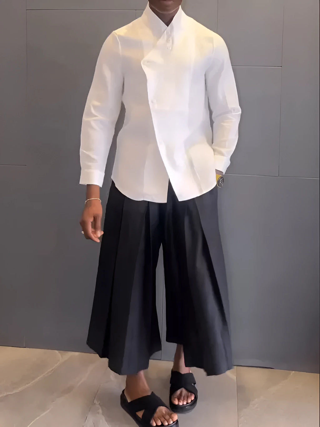 White asymmetric front shirt with black pleated trousers casual co-ord set