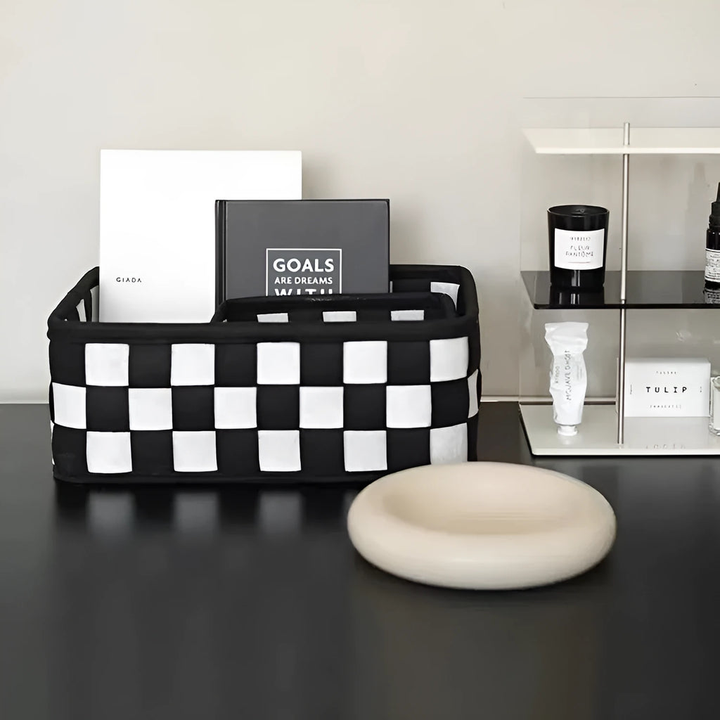 Checkerboard pattern felt folding storage basket showing 37x29x19.5cm dimensions