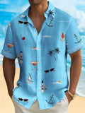 Man wearing a loose fit, short sleeve Hawaiian shirt with a vibrant digital print pattern.