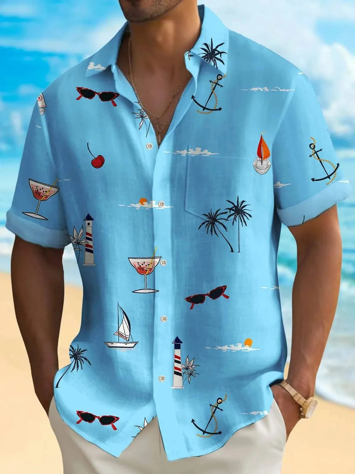 Man wearing a loose fit, short sleeve Hawaiian shirt with a vibrant digital print pattern.