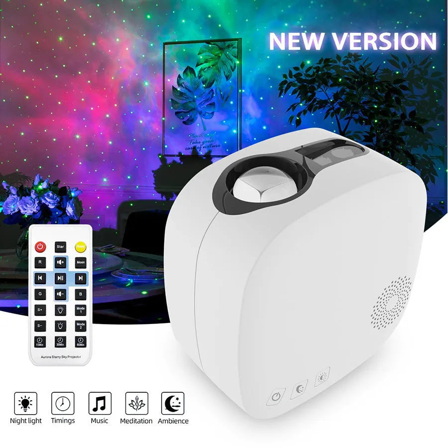 Black and white laser star projector with Bluetooth music player showing nebula projection