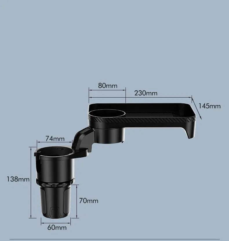 Black ABS car-mounted rotating tray with cup holder and dinner plate surface.