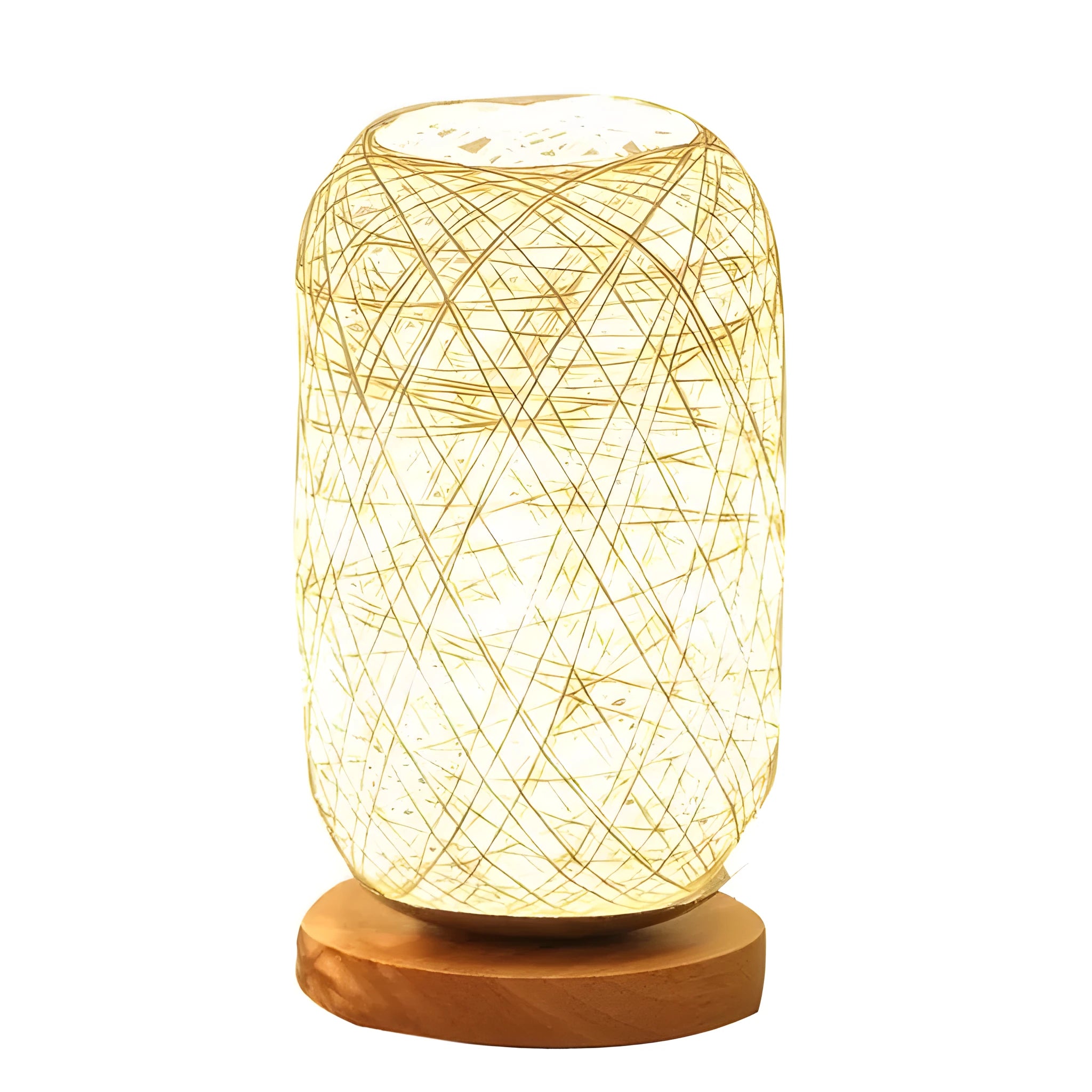 Brown hemp twine Sepak Takraw desk lamp with wooden base and USB cable