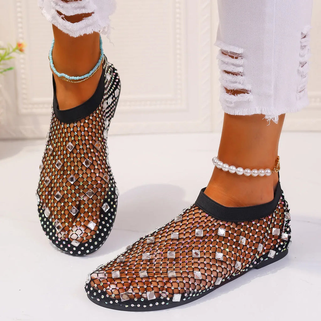 Women's colourful mesh flat sandals with rhinestone design and round toe profile