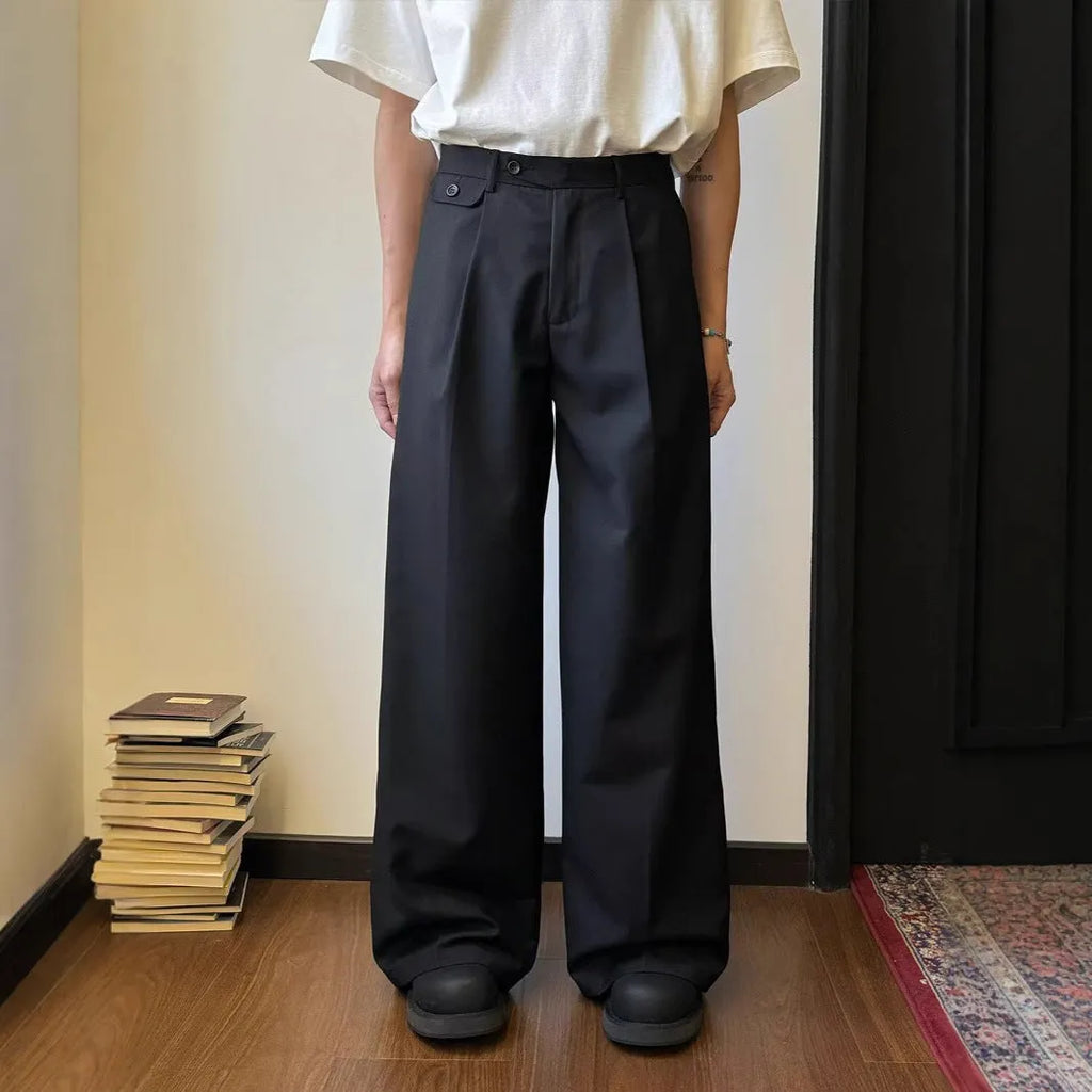 Men's straight-leg wide-leg casual suit pants in black and brown, loose drape fit