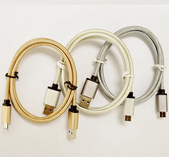 USB 3.0 to USB-C charging cable with braided wire mesh and metal connectors in metallic finish