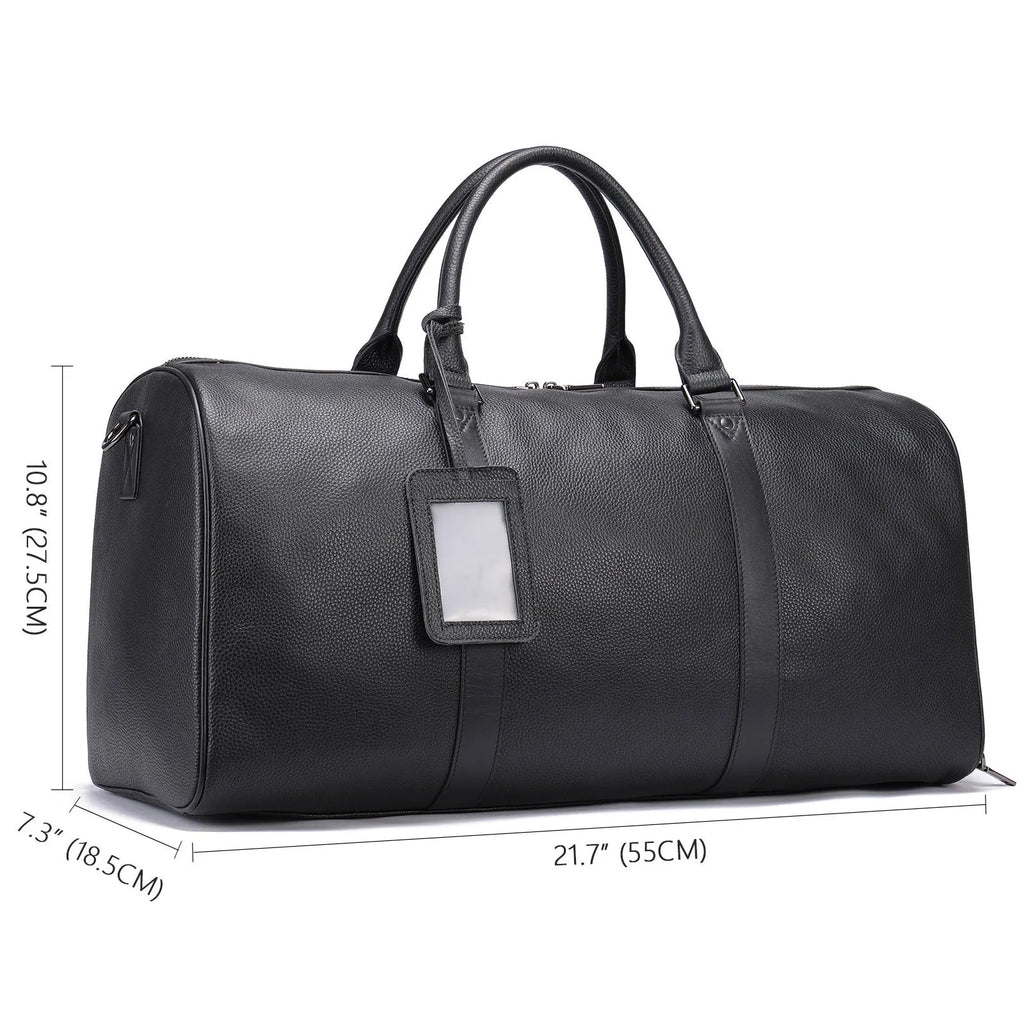 Men's leather excursion travel bag in black or coffee colour with single shoulder strap