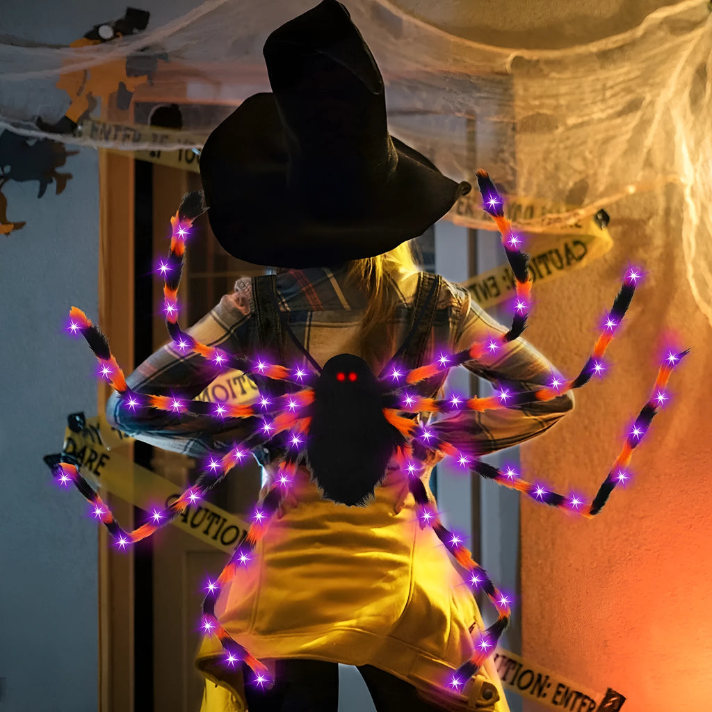 Halloween spider backpack with LED lighting in plush sugar bag design showing colour options