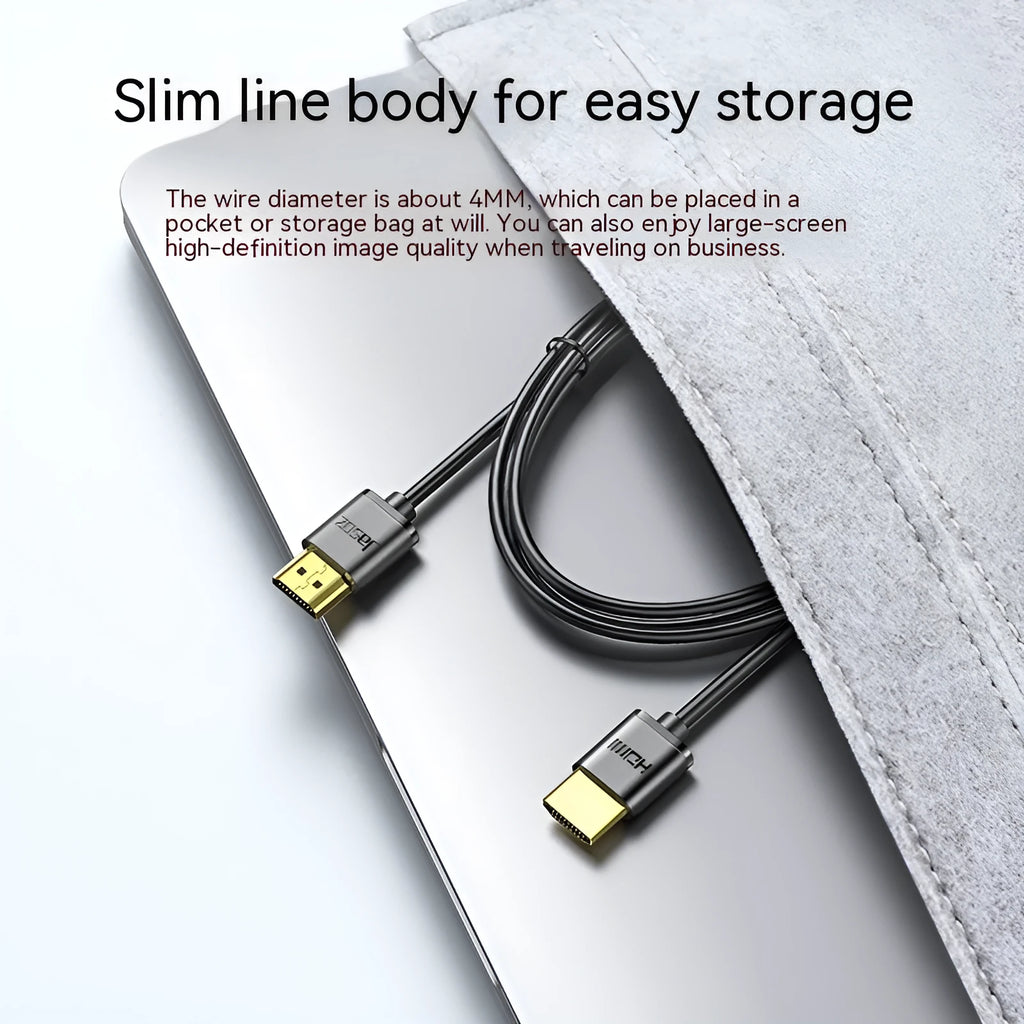 Thin flexible HDMI video cable with gold-plated connectors, shown in various lengths from 0.5 to 5 metres.
