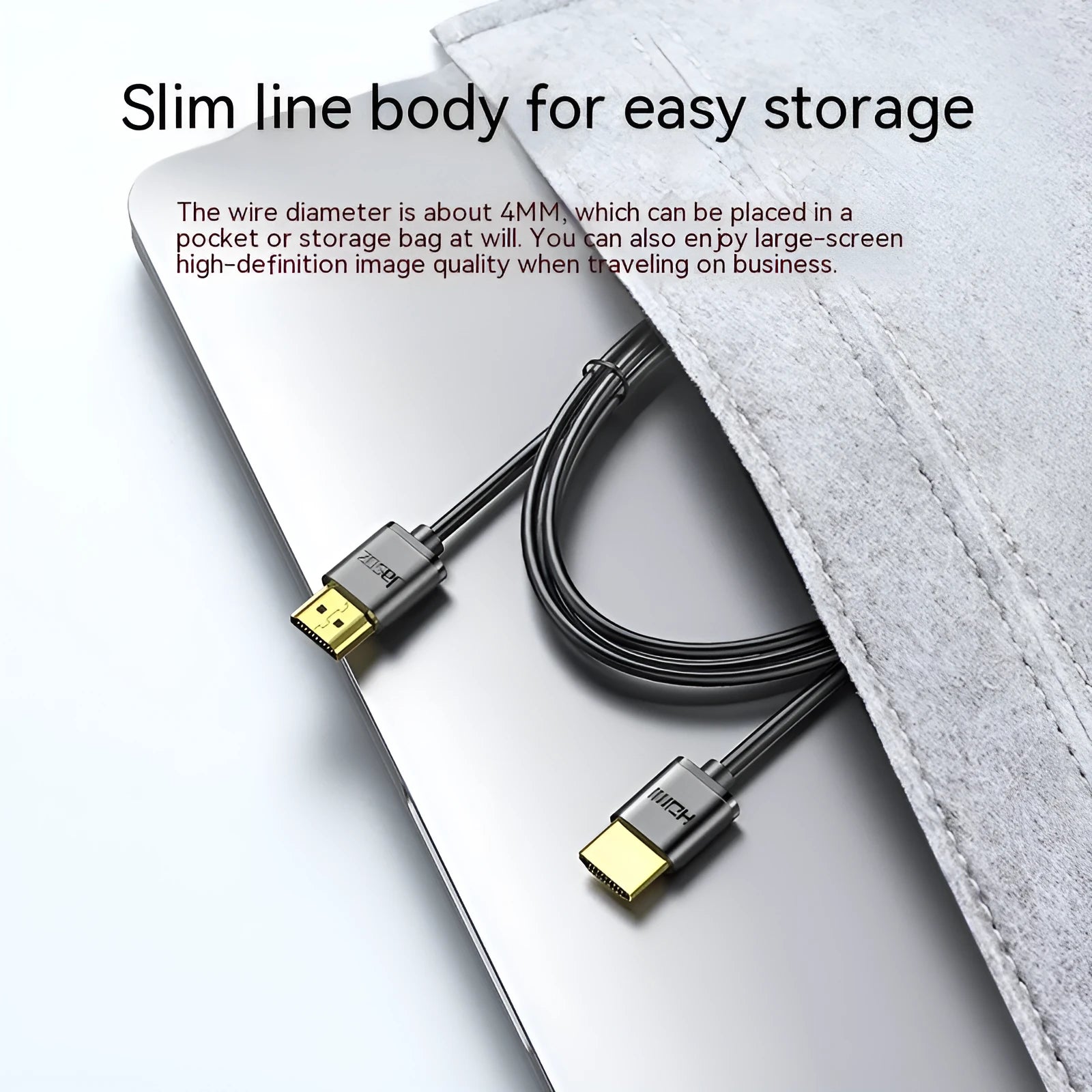 Thin flexible HDMI video cable with gold-plated connectors, shown in various lengths from 0.5 to 5 metres.