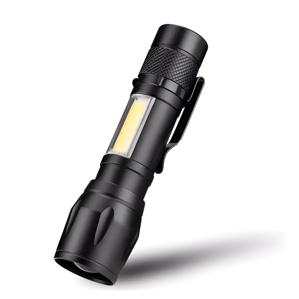 Black aluminium telescopic LED flashlight with zoom adjustment and clip for carrying