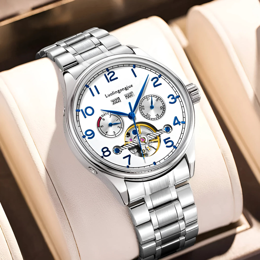 Men's stainless steel mechanical business watch with sapphire glass and leather strap