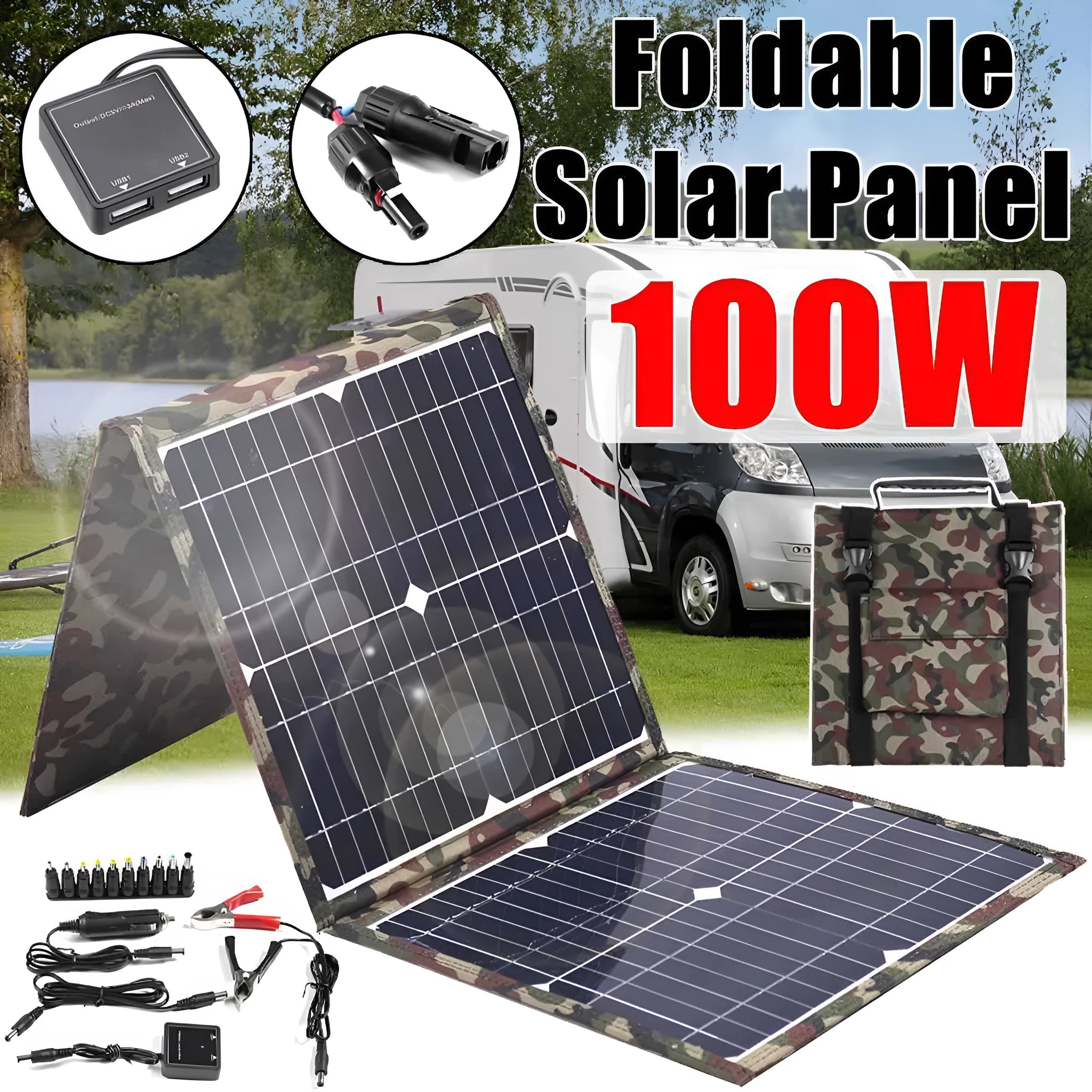 Black foldable solar panel unfolded showing three solar cells with included charging accessories