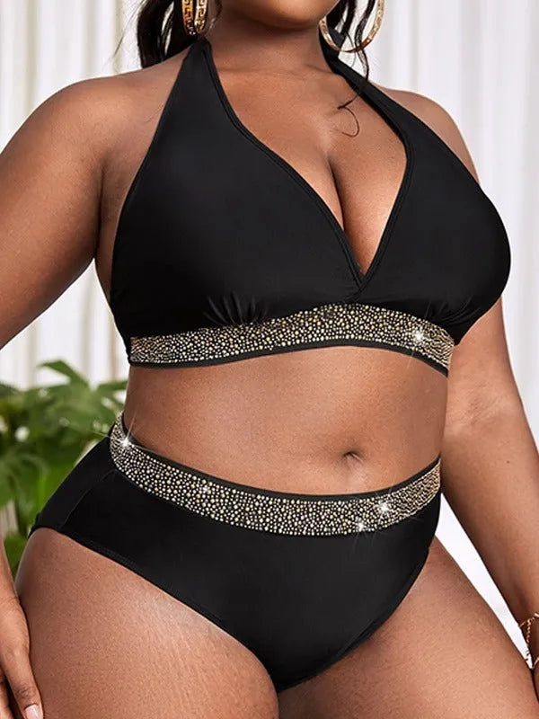 Black women's plus size bikini set with bra and shorts for swimming and hot spring use