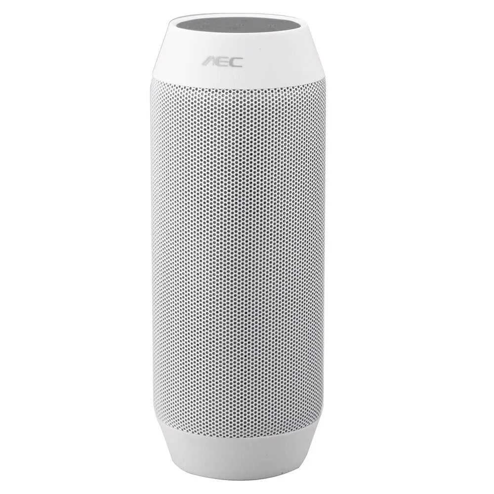 Small black or white portable Bluetooth stereo with colourful LED lights showing on its front.